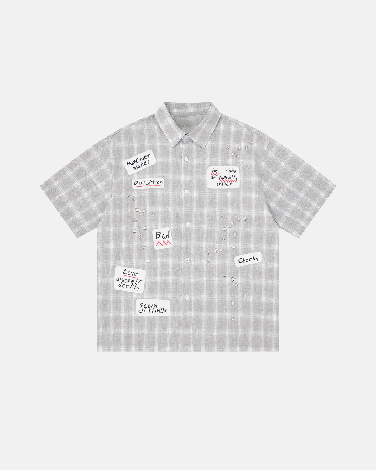 Inflation Streetwear plaid sticker graphic studded shirt with bold plaid pattern and studded details, casual men's fashion shirt.