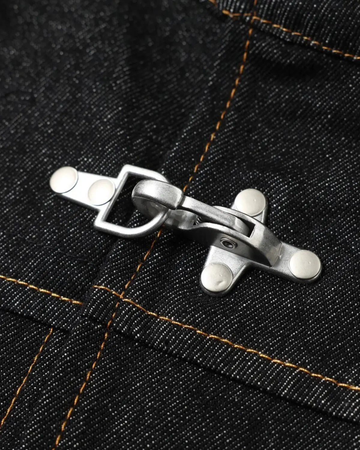 Metal toggle raw denim jacket by Flation Streetwear featuring metal buttons and distressed raw denim fabric.