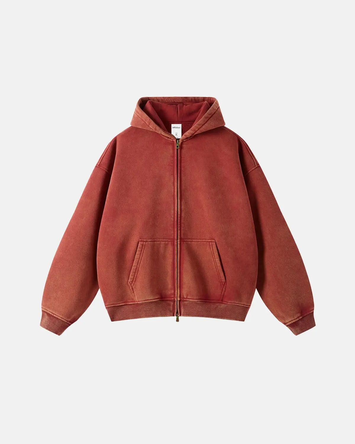 Gray distressed acid wash zip-up hoodie by INFLATION Streetwear, featuring a casual fit and front zipper detail.