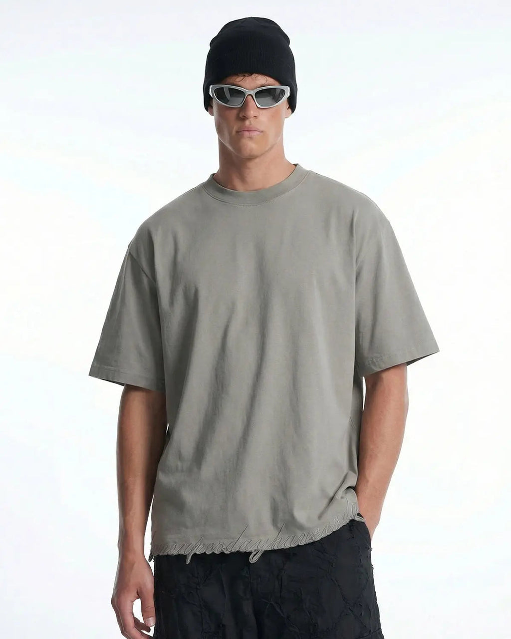 Inflation Streetwear embroidered frayed hem oversized T-shirt with colorful embroidery and relaxed fit, casual streetwear style.