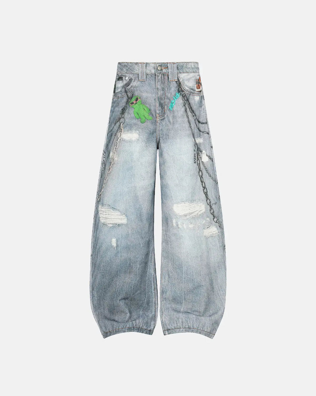 3D printed chain barrel jeans from INFLATION streetwear featuring detailed chain embellishments and classic denim style.
