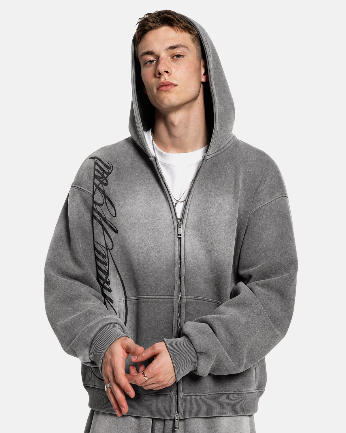 Inflation Acid Wash Zip Up Hoodie featuring a stylish zip closure and distressed acid wash design, casual streetwear style.