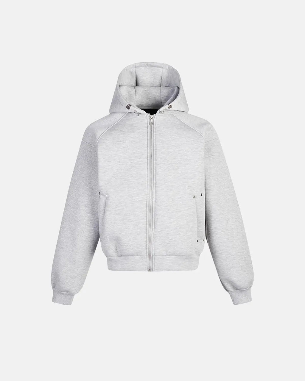 Flation grey boxy zip-up hoodie with hood and front pockets, casual and stylish for comfortable everyday wear.