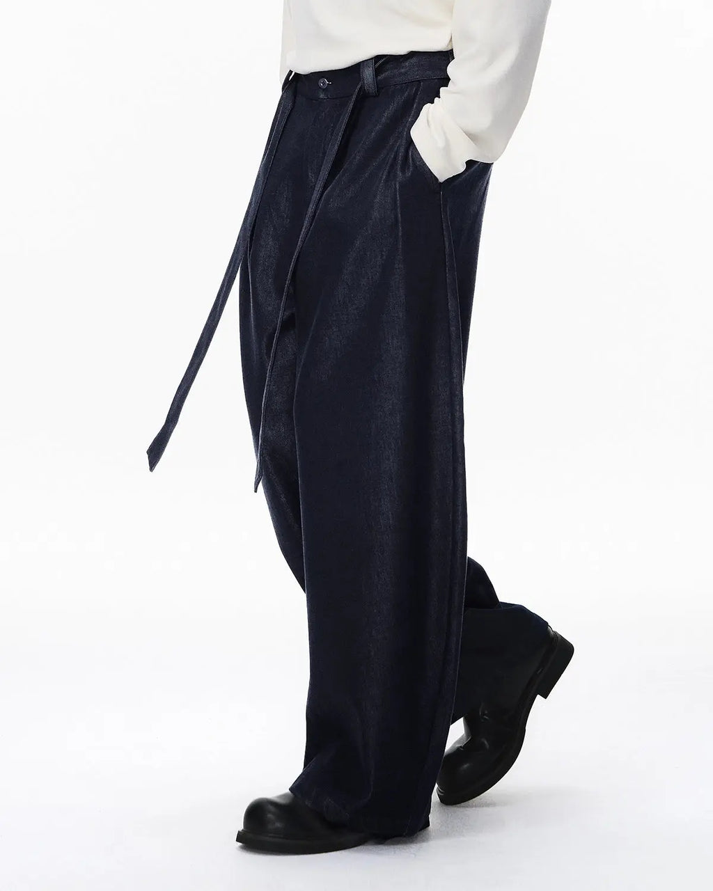 Raw silky denim jeans with belt from Flation Streetwear, featuring a slim fit design and classic blue color.