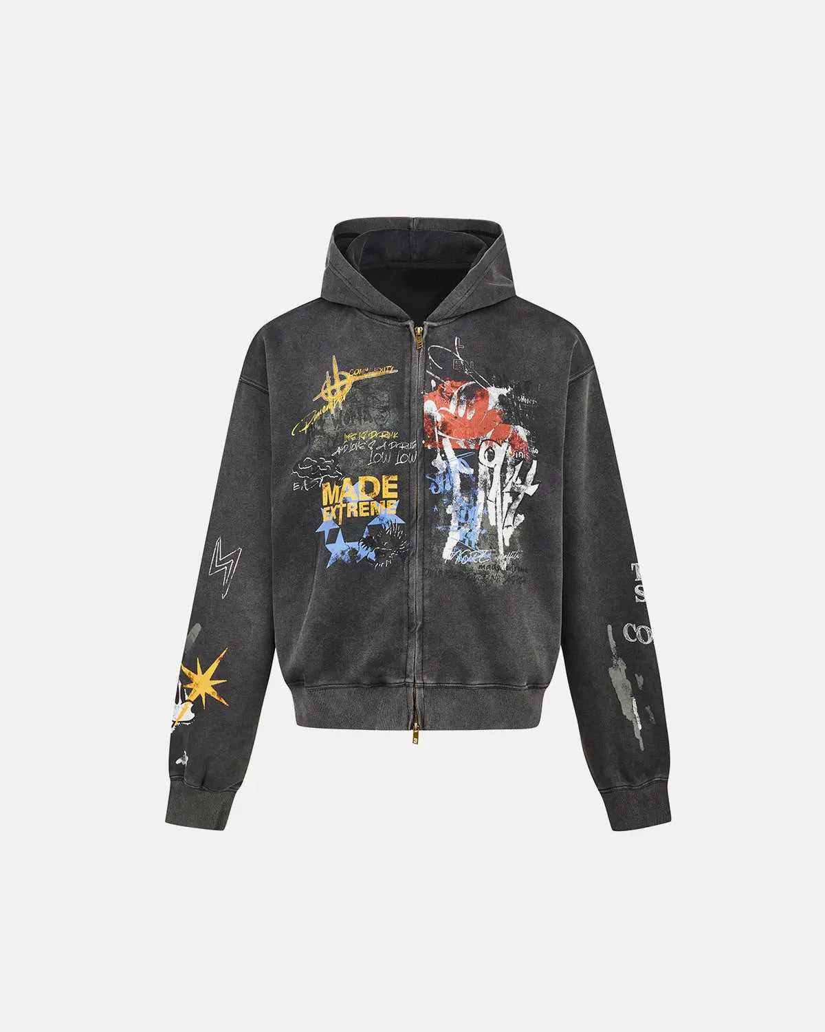 Inflation Streetwear boxy graffiti zip-up hoodie showing bold graffiti design, front view with zipper and hood.