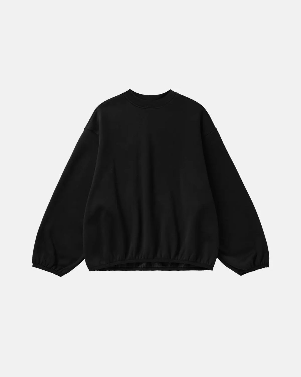 Gray Flation streetwear boxy crewneck sweatshirt with ribbed cuffs and relaxed fit, displayed on a hanger.