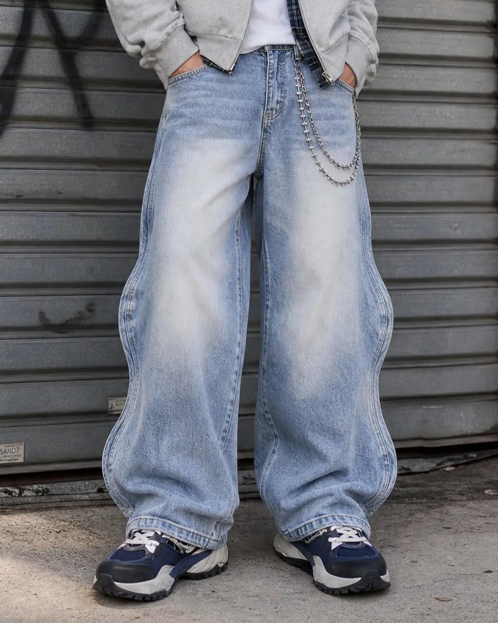 InflationUS Wave Washed Baggy Jeans, relaxed fit pants with distressed detailing and faded wash, casual streetwear style.