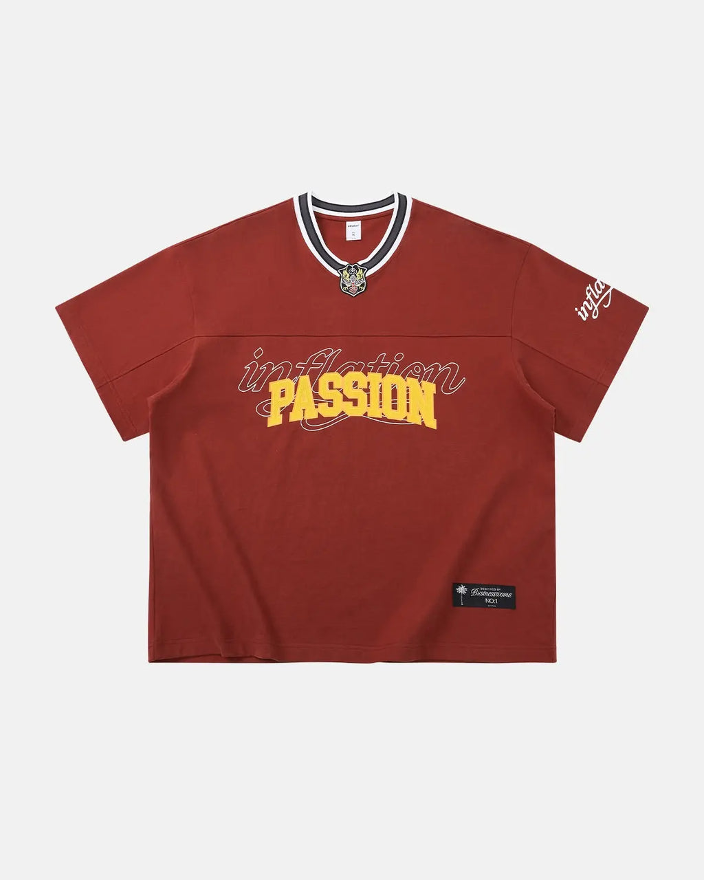 Retro V-neck jersey by INFLATION Streetwear, featuring classic design and bold colors, displayed on a hanger against a neutral background.