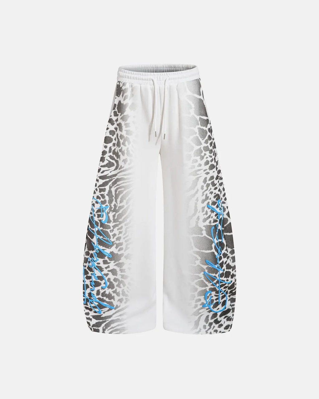 Leopard graphic barrel sweatpants by Inflation Streetwear featuring bold animal print and relaxed fit for casual style.