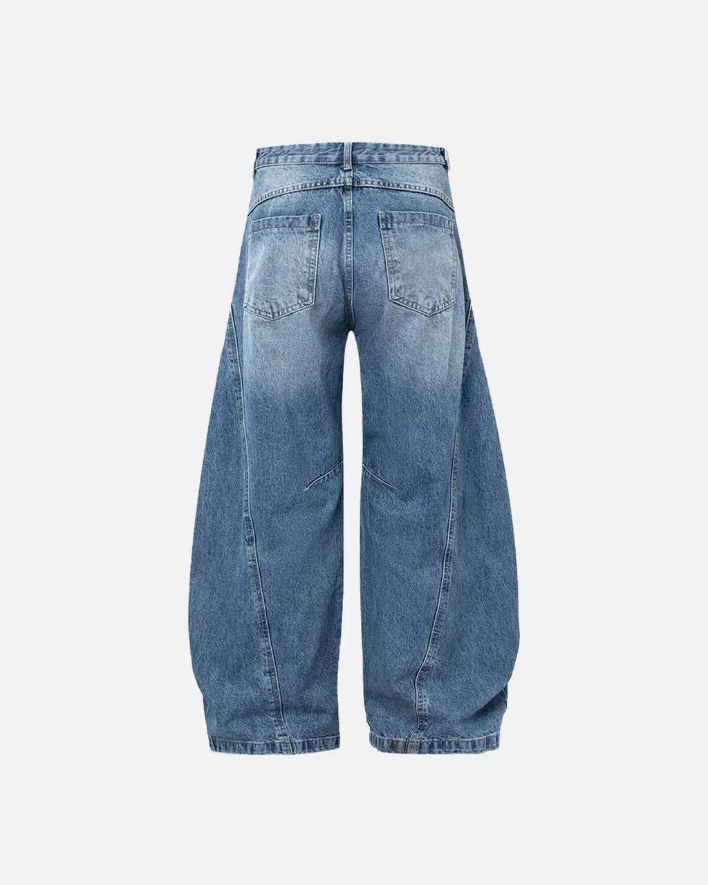 Acid washed distressed barrel jeans by INFLATION featuring a relaxed fit and worn-in detailing on denim.
