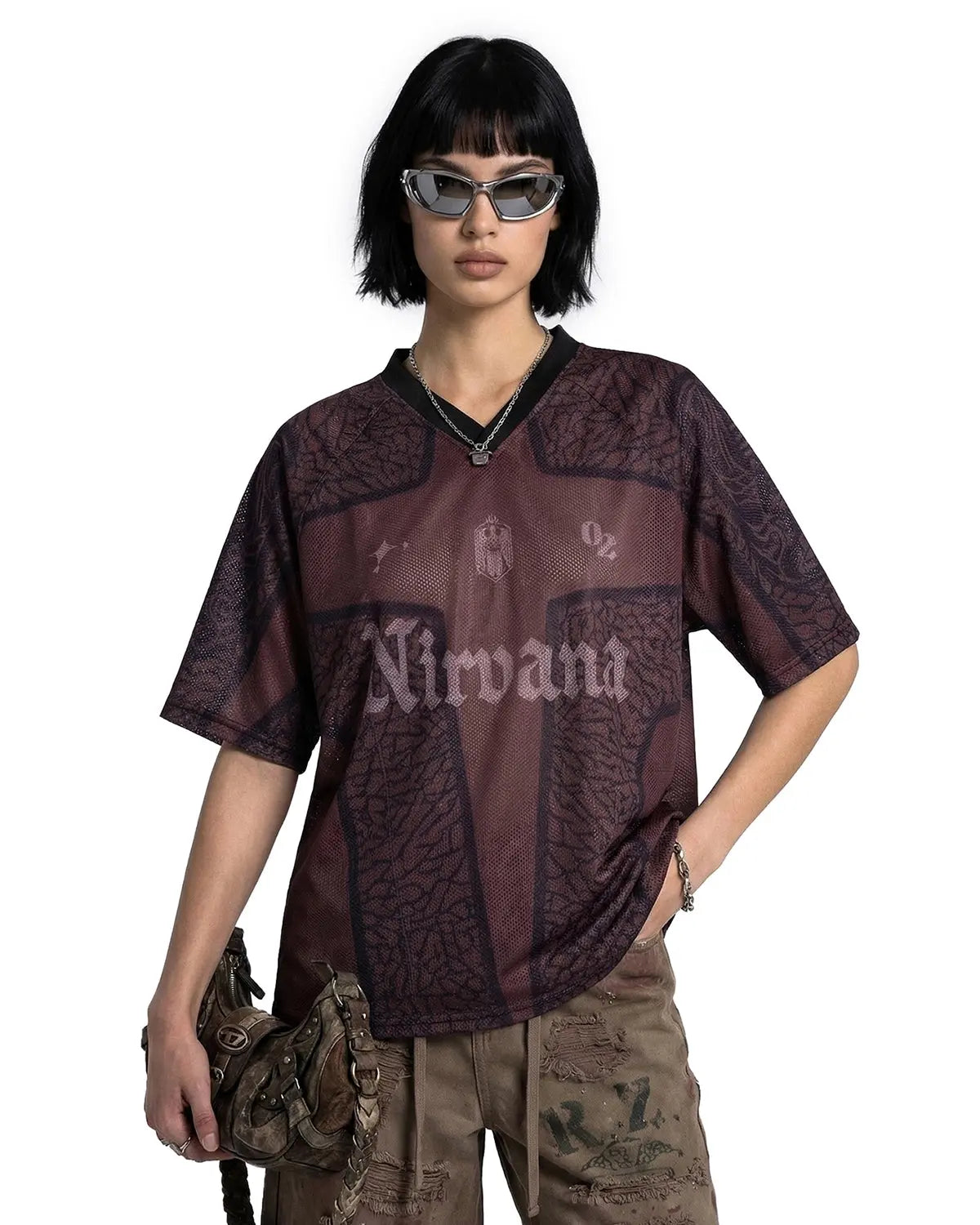 Inflation Streetwear tribal pattern mesh jersey t-shirt featuring bold tribal designs and breathable mesh fabric.