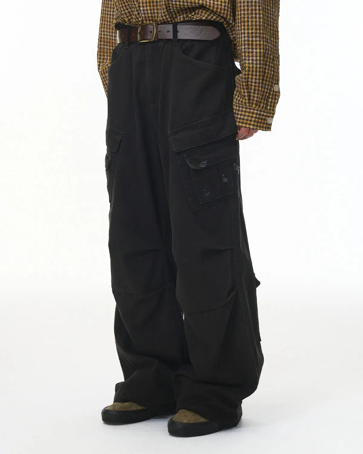 Inflation Streetwear Garment Wash Ripped Cargo Pants with distressed details and multiple pockets, casual streetwear style.