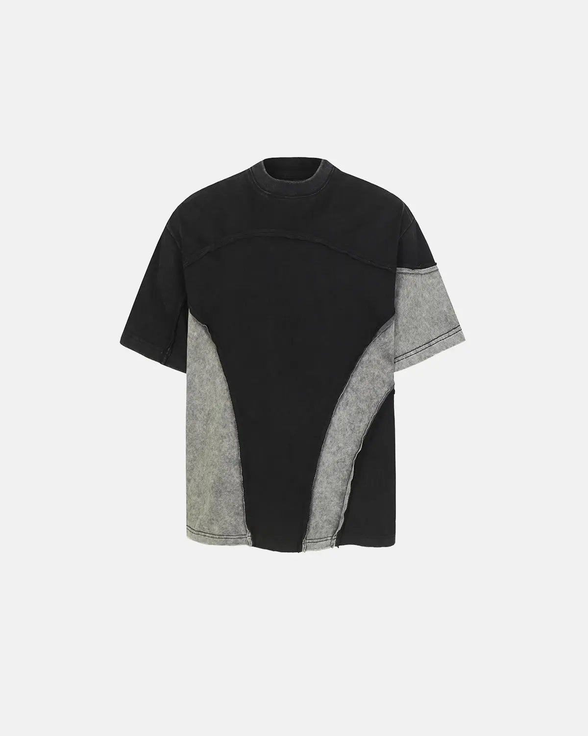Inflation Streetwear patchwork washed boxy cropped T-shirt with multicolor patch design and relaxed fit, front view.