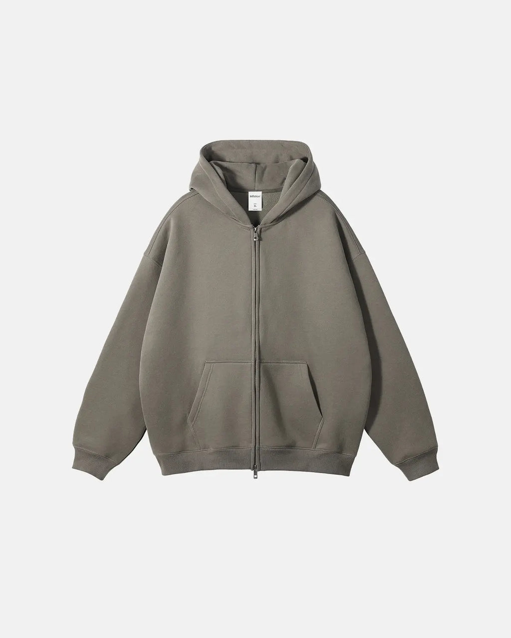 Flation fleece double zip-up hoodie jacket with front pockets and drawstring hood, casual streetwear style.