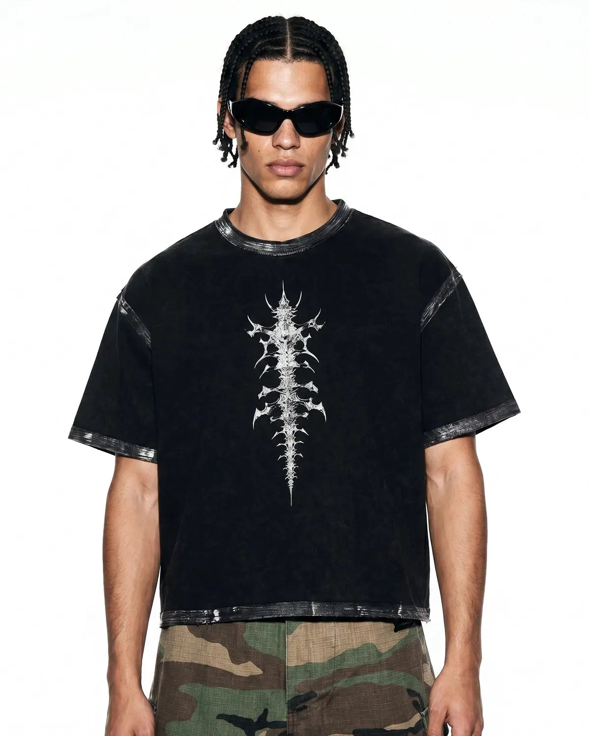 Inflation Streetwear distressed painted graphic boxy T-shirt, casual black cotton tee with bold artistic print.