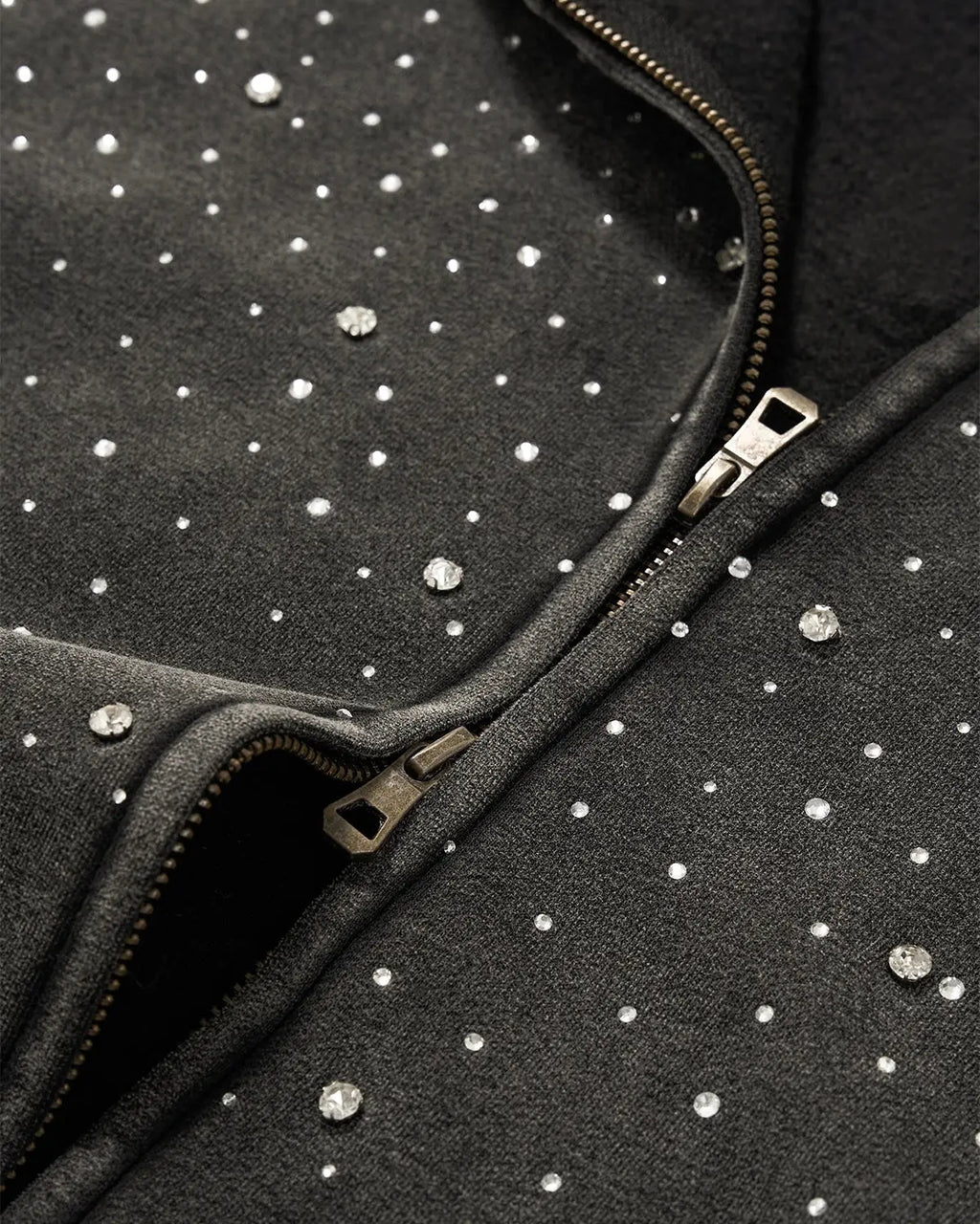 Distressed washed fleece zip-up hoodie with rhinestone details from Flation Streetwear, featuring a casual, trendy design.