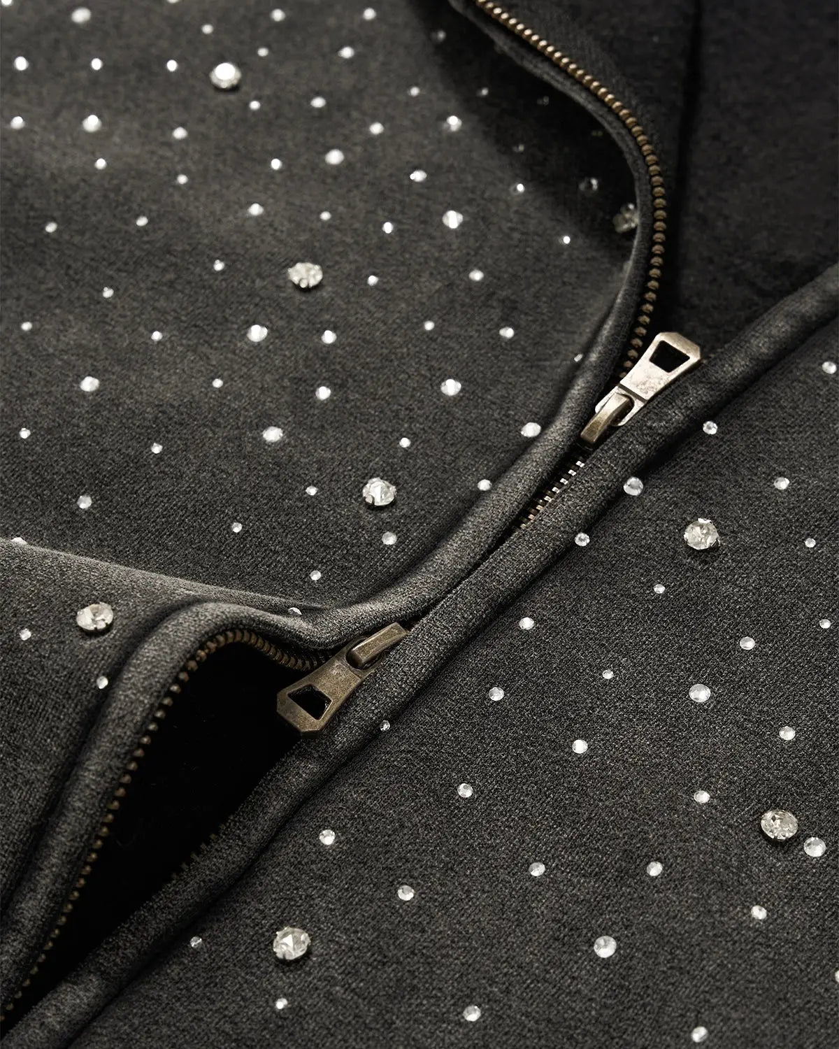Distressed washed fleece zip-up hoodie with rhinestone details from Flation Streetwear, featuring a casual, trendy design.