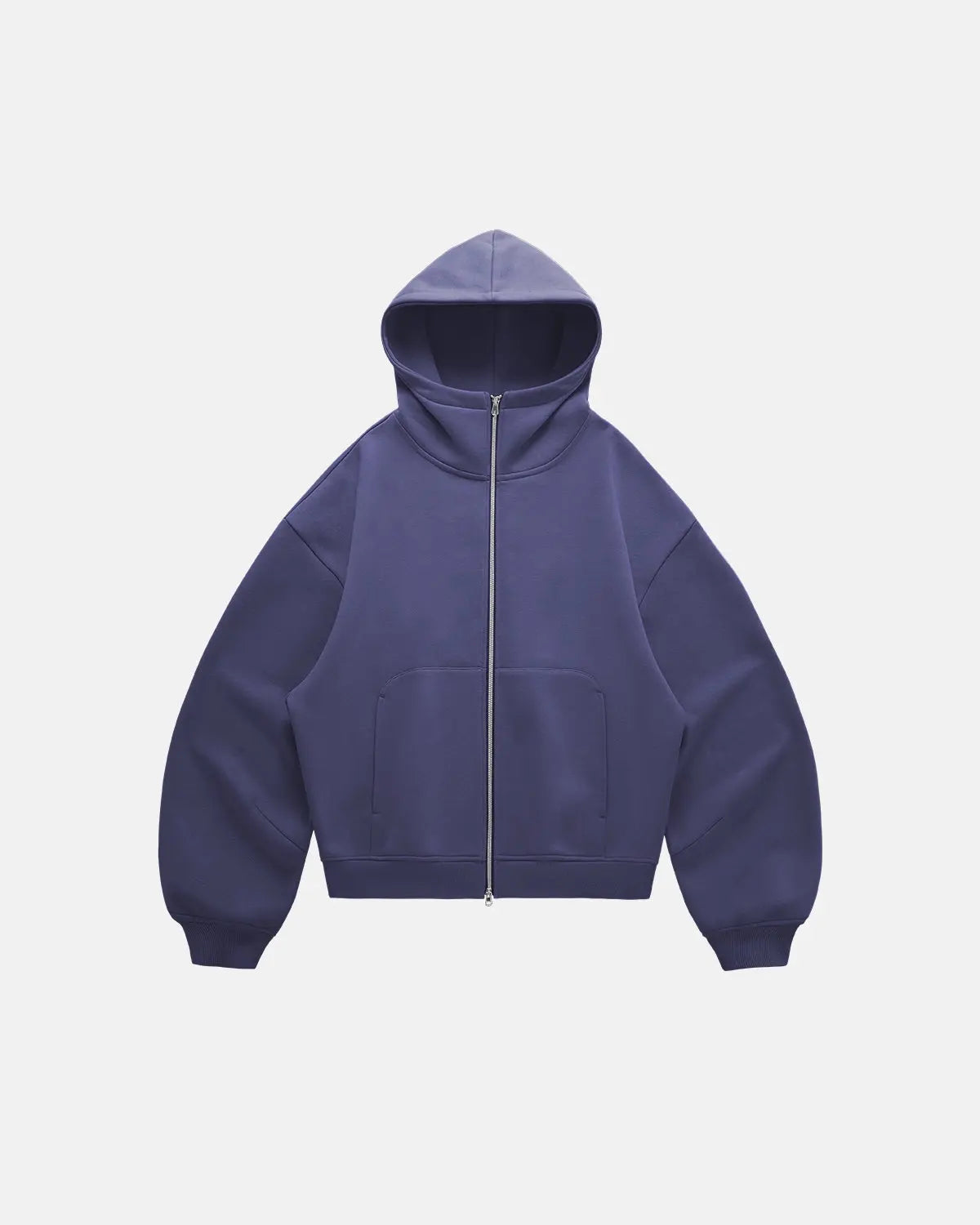 Inflation Streetwear high collar fleece double zip-up hoodie with front pockets and bold branding, shown on a model.
