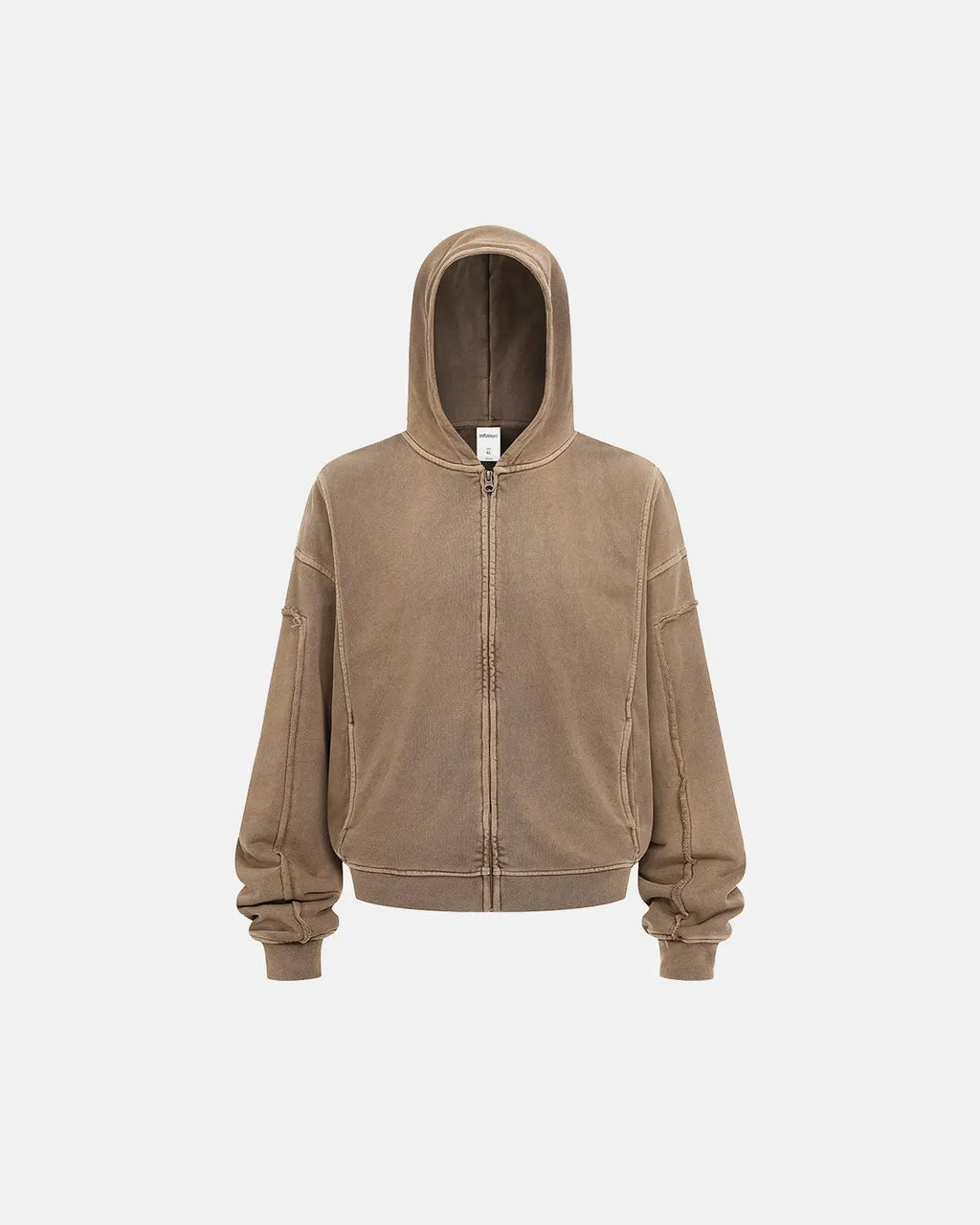 Acid wash stitching zip-up hoodie by Flation Streetwear featuring distressed detailing and a front zipper, casual street style.