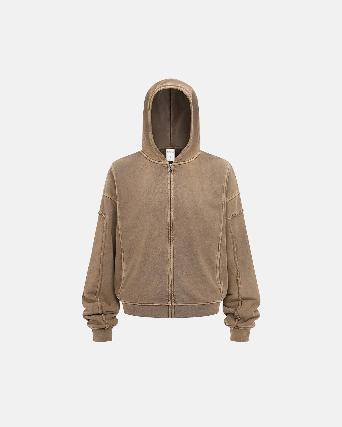 Acid wash stitching zip-up hoodie by Flation Streetwear featuring distressed detailing and a front zipper, casual street style.
