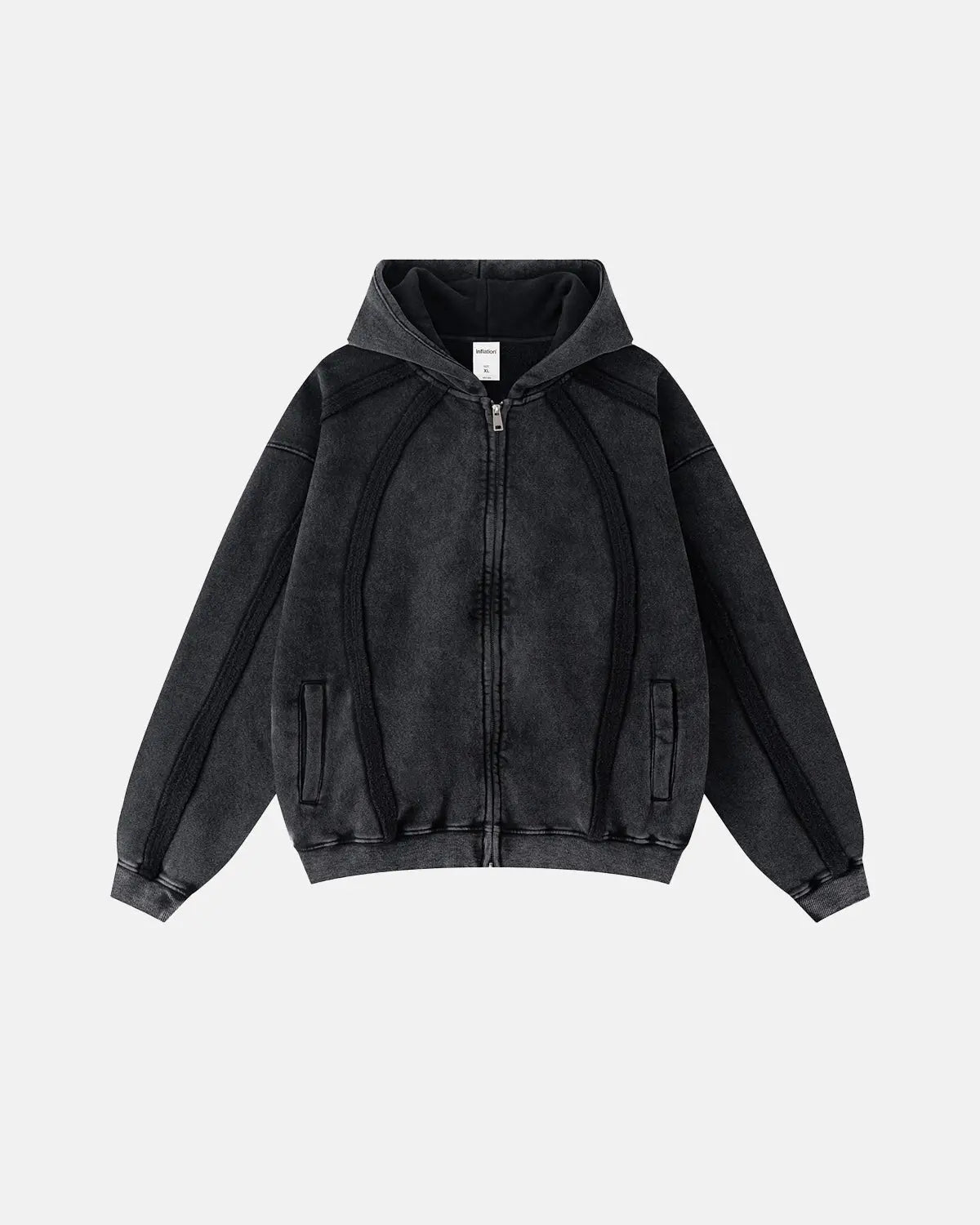 Snow Washed Raw Edge Boxy Zip Up Hoodie by INFLATION featuring raw edges, boxy fit, and zip front detail in streetwear style.