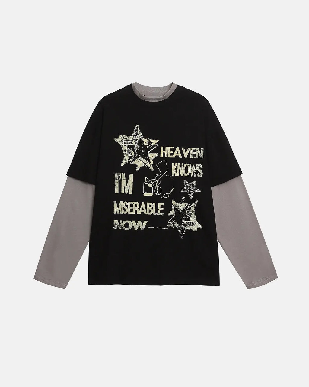 Vintage layered graphic long sleeve T-shirt by INFLATION, featuring bold streetwear design and vibrant print on soft fabric.