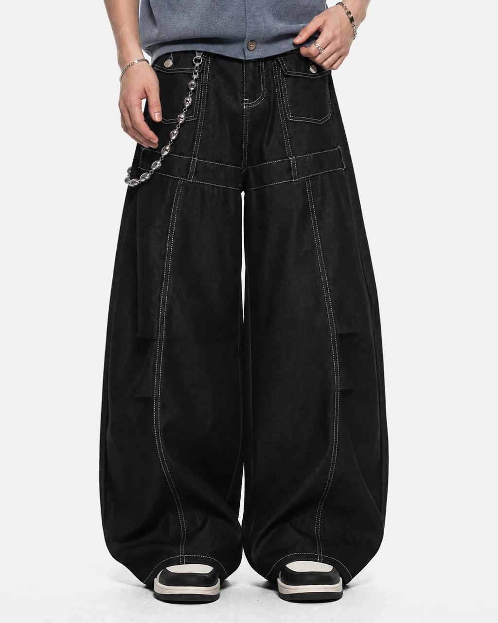 Inflation Contrast Stitch Baggy Barrel Jeans showing relaxed fit, contrast stitching, and distressed denim details.