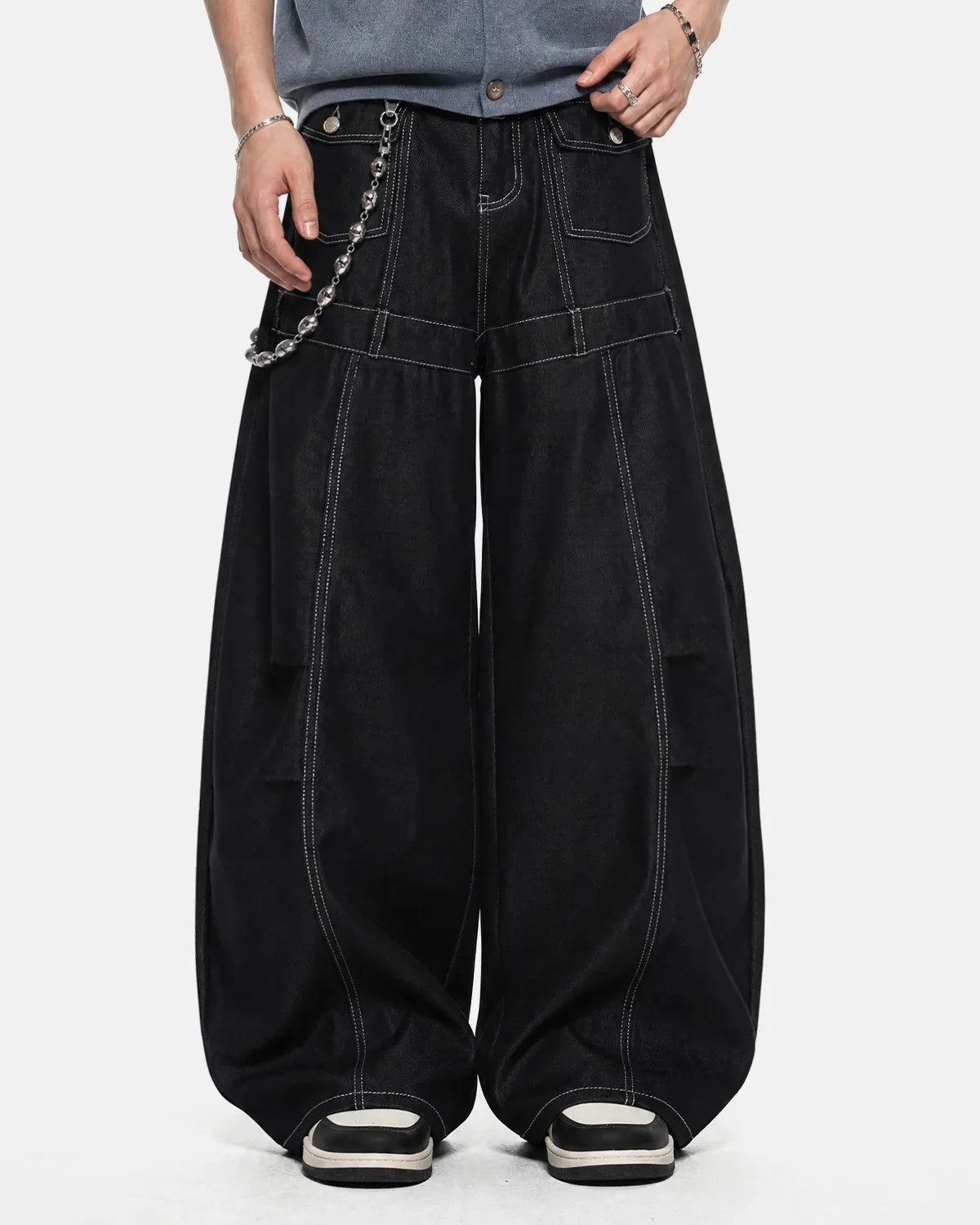 Inflation Contrast Stitch Baggy Barrel Jeans showing relaxed fit, contrast stitching, and distressed denim details.