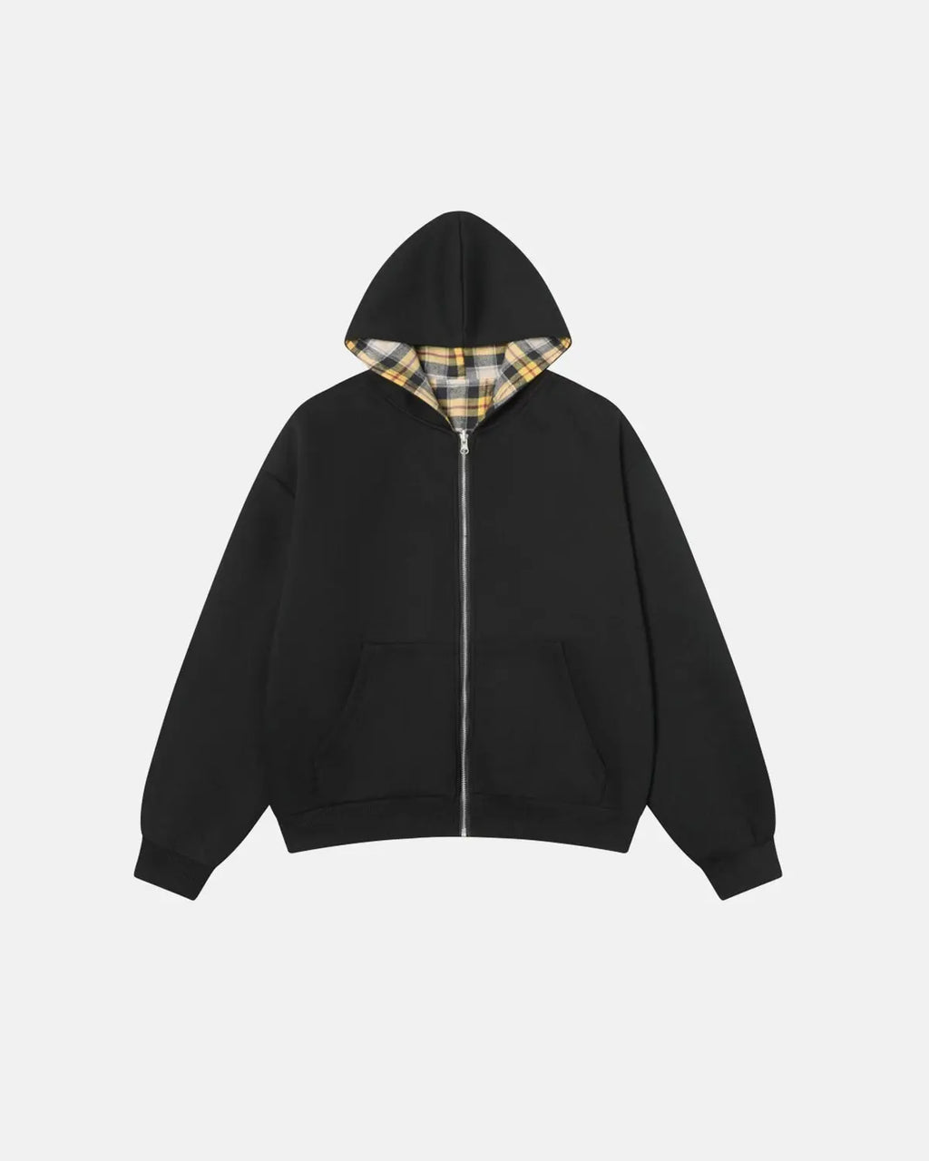 Reversible plaid zip-up hoodie from INFLATION Streetwear featuring a stylish checkered pattern and adjustable hood.
