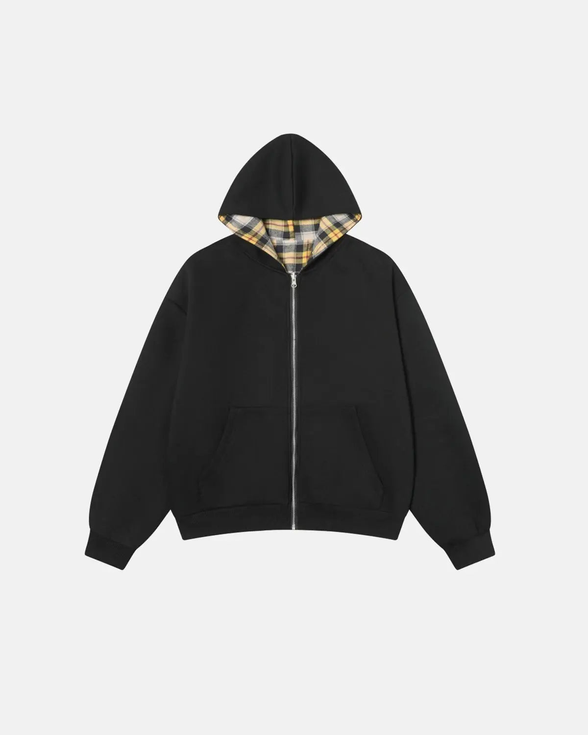 Reversible plaid zip-up hoodie from INFLATION Streetwear featuring a stylish checkered pattern and adjustable hood.