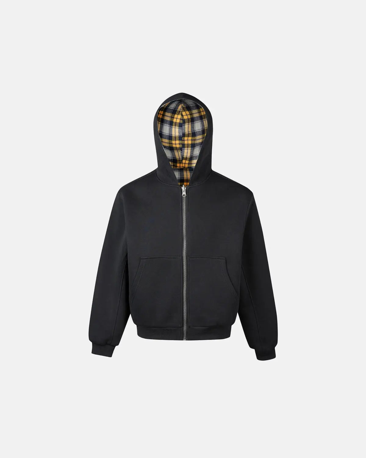 Yellow plaid reversible zip-up hoodie by INFLATION streetwear featuring a cozy, stylish design with contrasting plaid patterns and a front zipper.