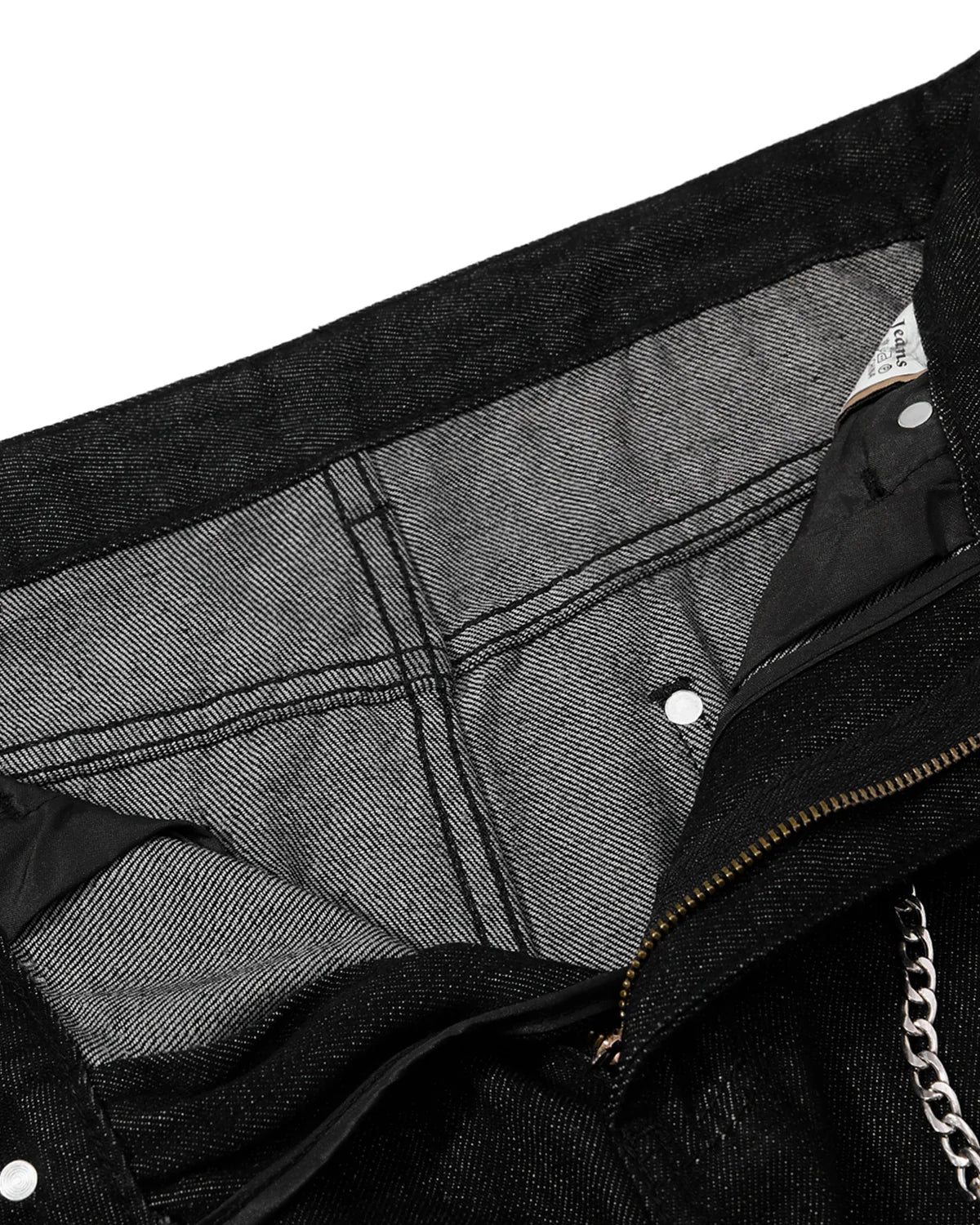 Inflation Streetwear Metal Eyelet Chain Barrel Jeans showing distressed denim with metal eyelets and chain details.