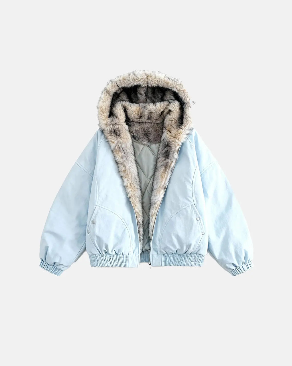 Inflation Streetwear faux fur lined padded bomber jacket with a sleek design and quilted exterior, ideal for cold weather.