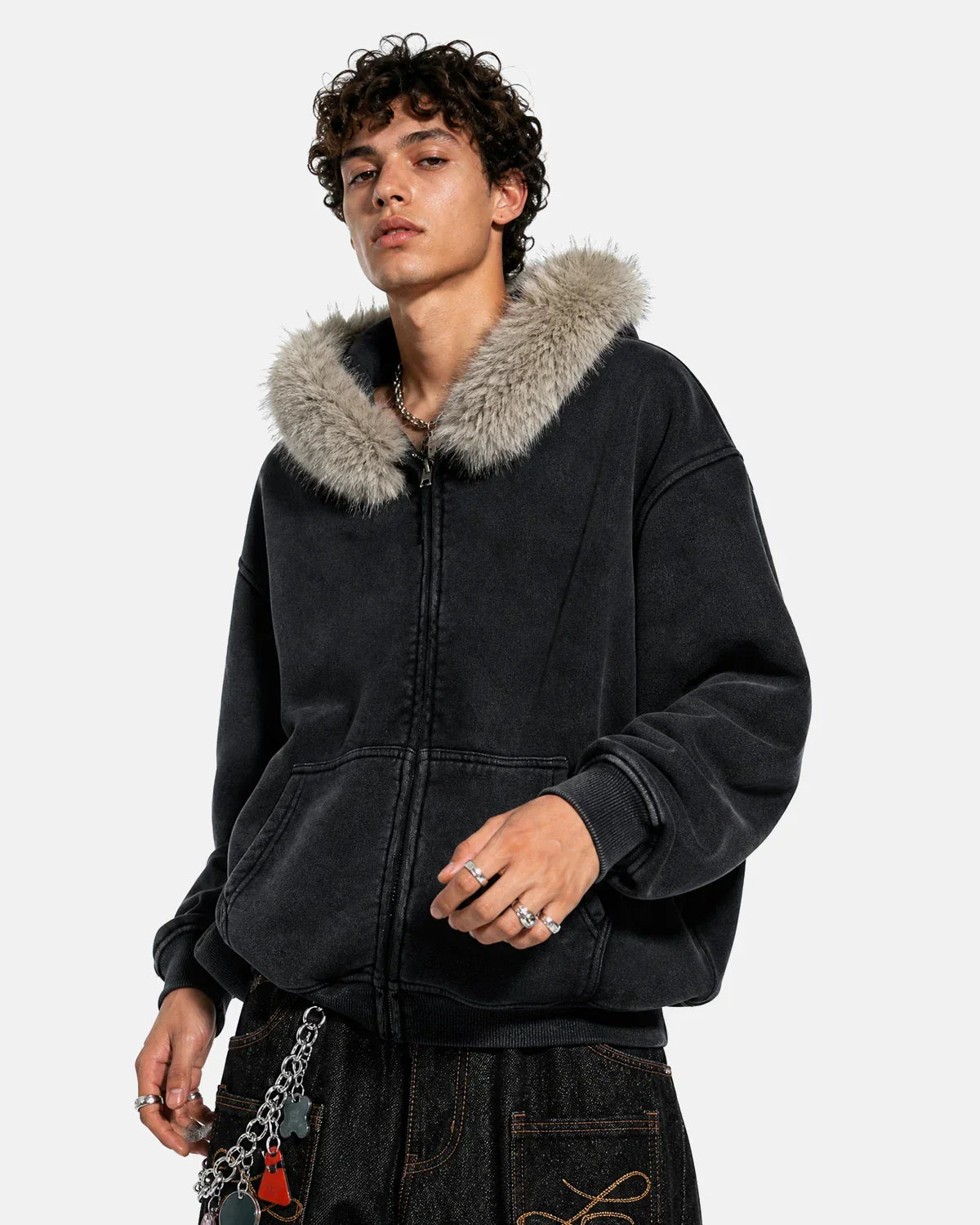 Inflation Streetwear faux fur collar distressed zip-up hoodie with hood and zipper, showcasing stylish streetwear design.