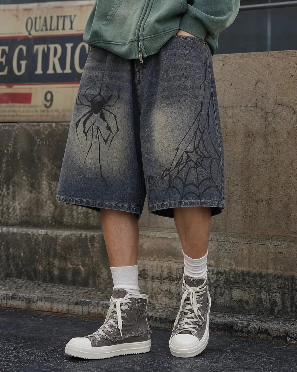 INFLATION Spider Straight Leg Jorts, stylish denim pants with a relaxed fit and frayed hems, streetwear-inspired design.