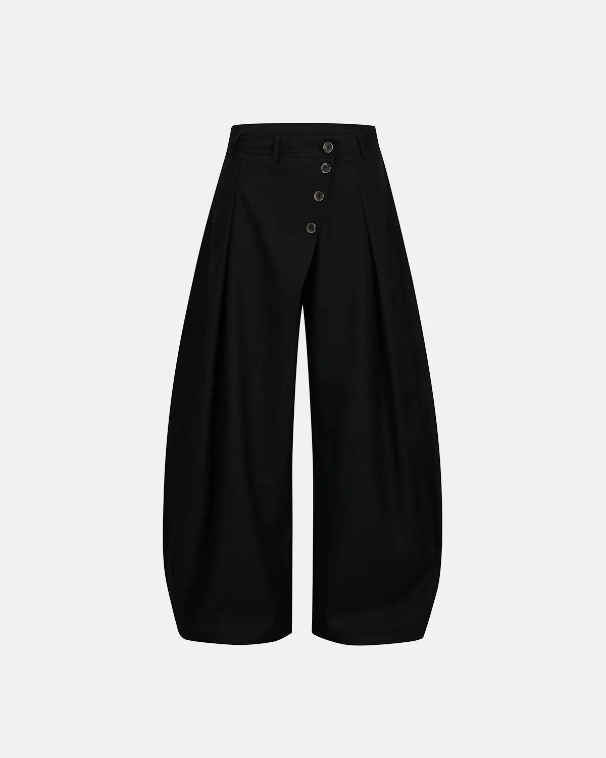 Asymmetric pleated barrel-leg suit pants by INFLATION, featuring a modern streetwear design with unique pleats and tailored fit.