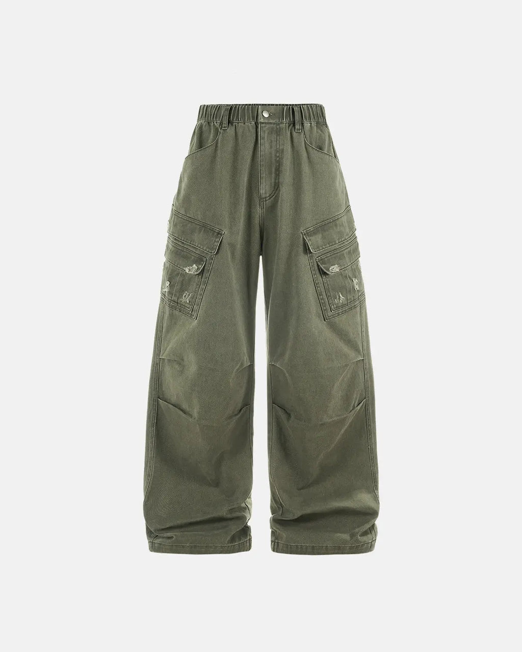 INFLATION Garment Wash Ripped Cargo Pants with distressed details and multiple pockets, styled for streetwear fashion.