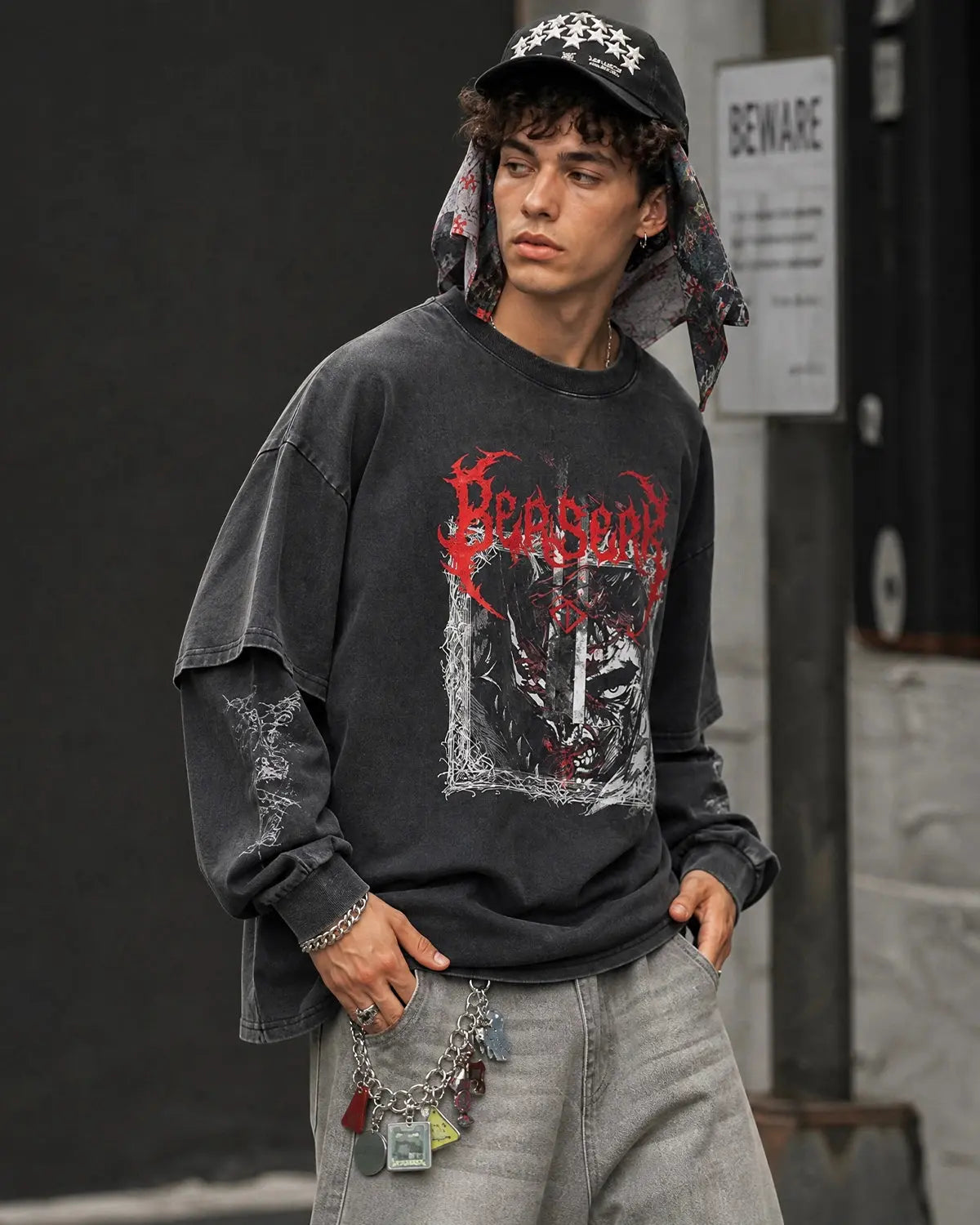 distressed acid wash layered graphic T-shirt by Flation Streetwear, featuring a vintage look and bold design details