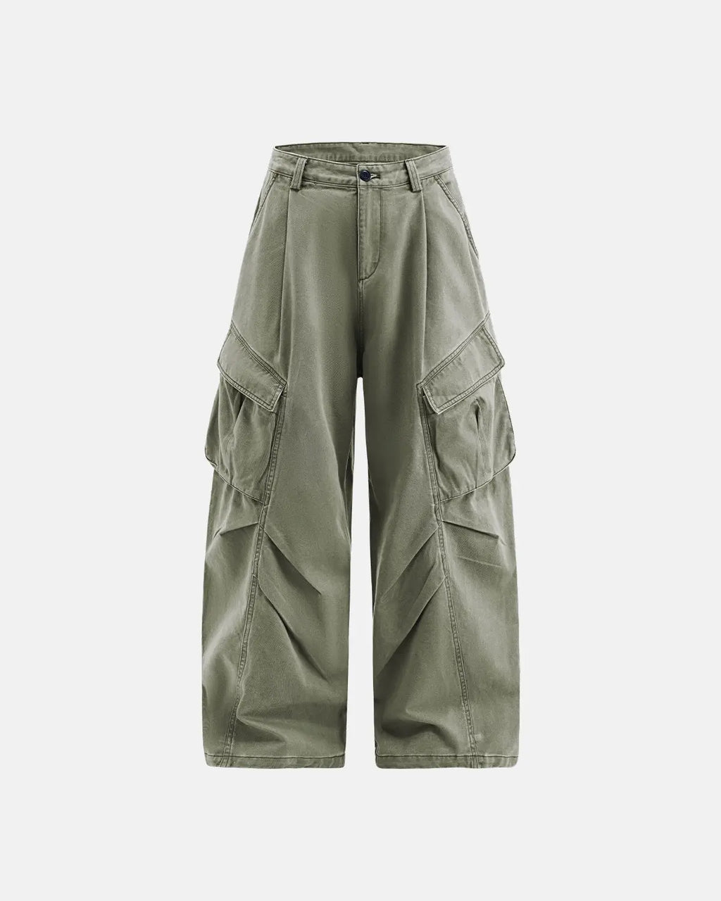Inflation brand baggy cargo pants with multiple pockets, relaxed fit, and streetwear style, shown in olive green fabric.