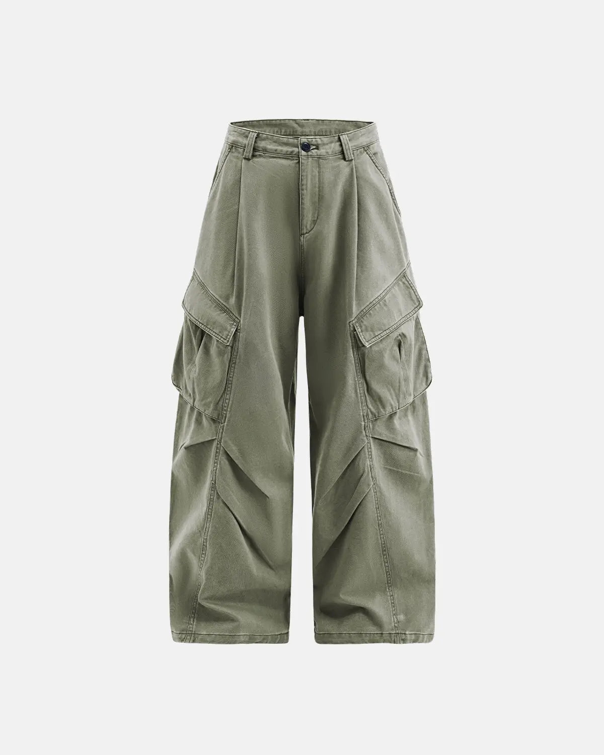 Inflation brand baggy cargo pants with multiple pockets, relaxed fit, and streetwear style, shown in olive green fabric.