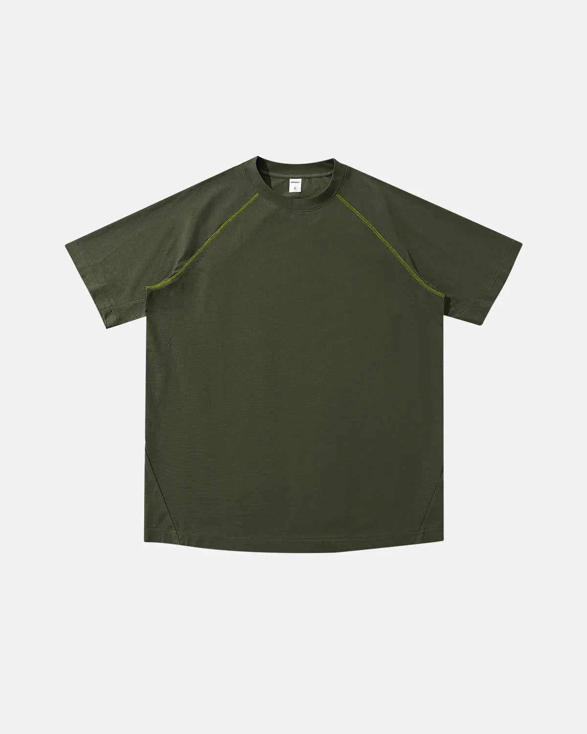 Inflation streetwear contrast color stitching stretch T-shirt showing a close-up of the fabric and detailed stitching.