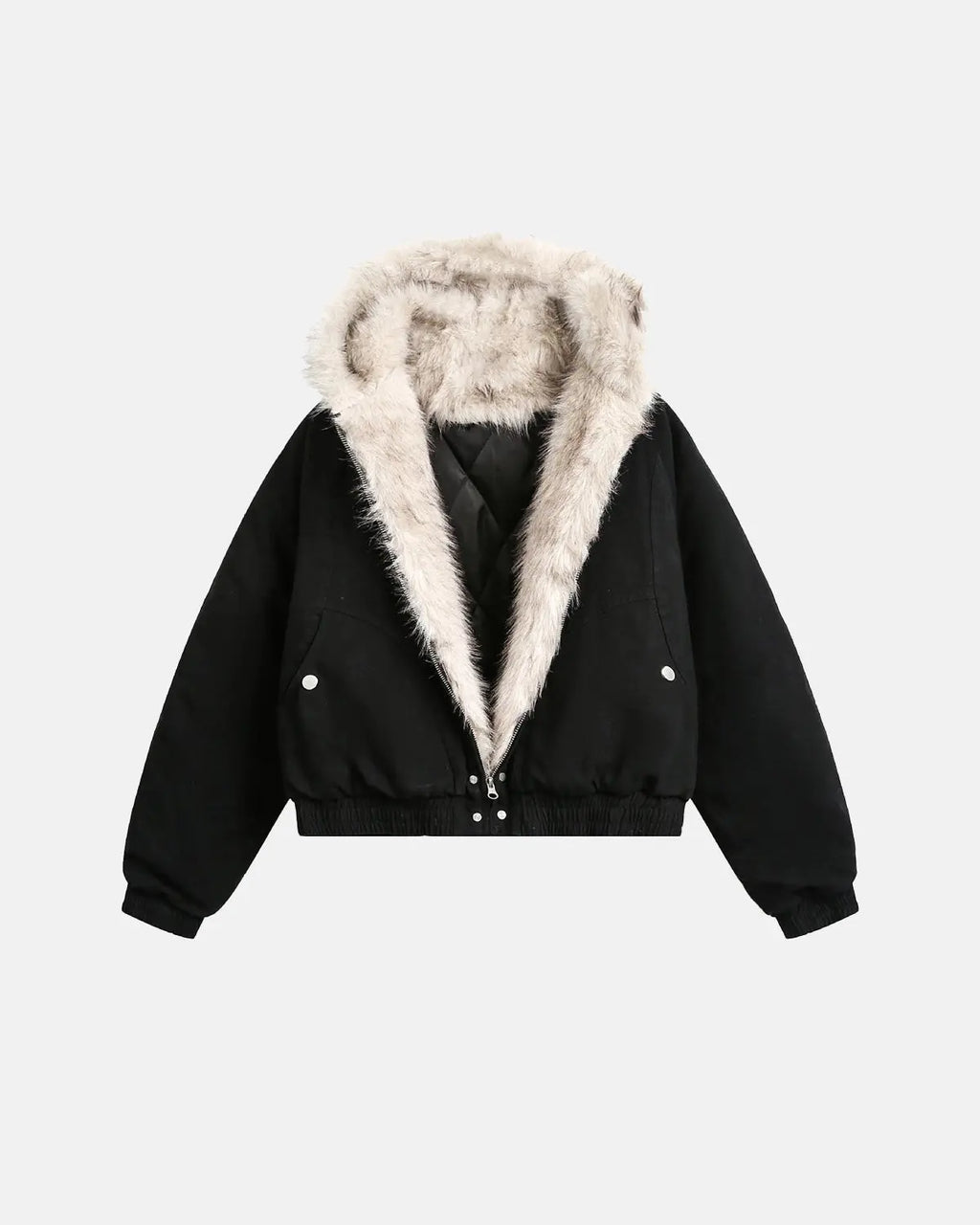 Inflation brand faux fur-lined bomber hooded jacket showing a stylish black jacket with a fur-lined hood and ribbed cuffs.