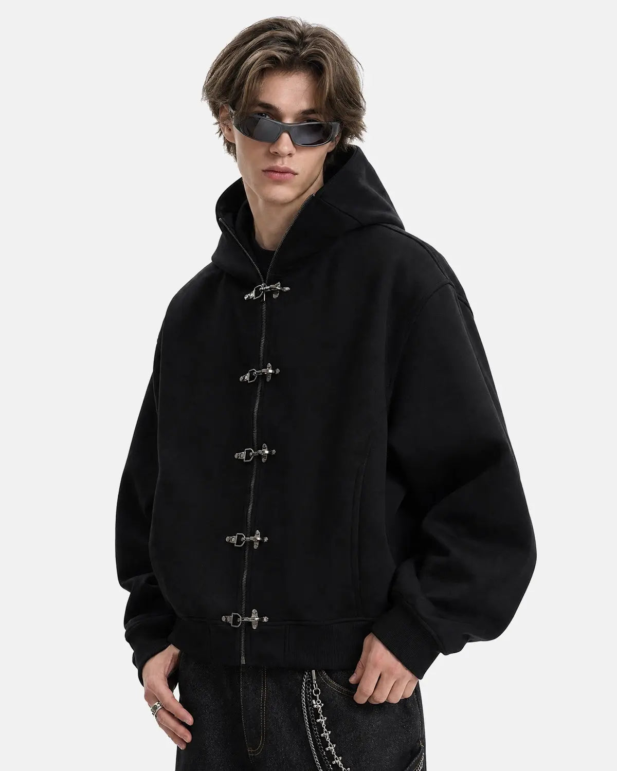 Metal clasp boxy zip-up hoodie by INFLATION featuring a relaxed fit and front zipper, shown in a casual streetwear style.