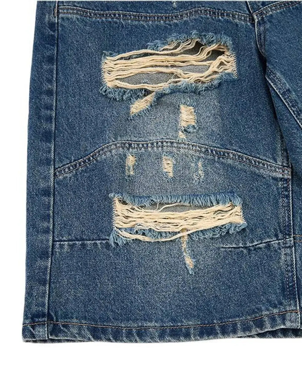 Heavy washed distressed baggy jorts pants by INFLATION with a worn, rugged denim look and relaxed fit.