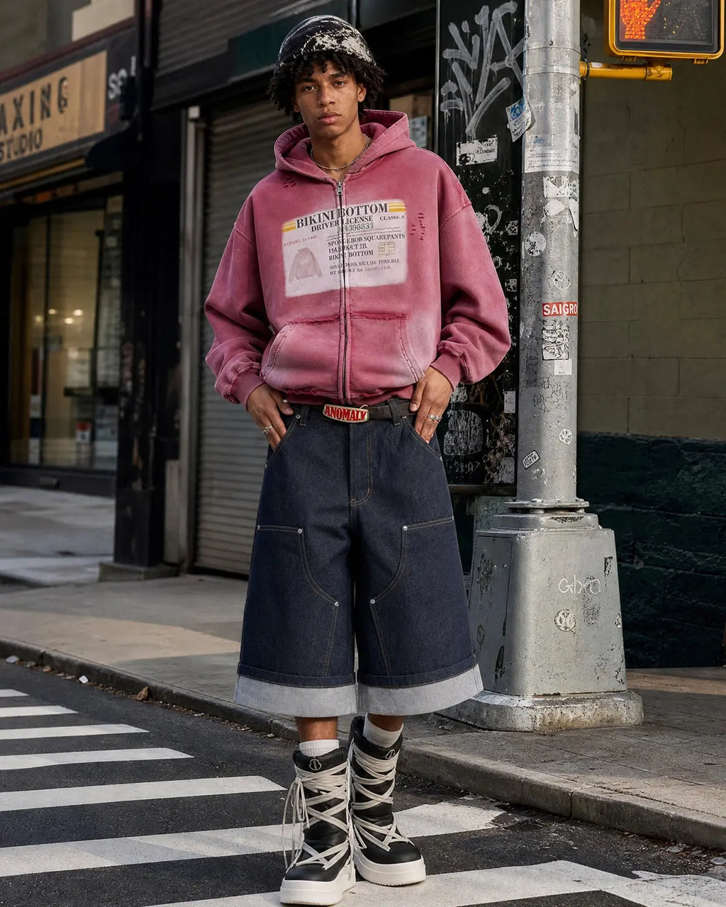 Inflation Streetwear graphic ripped washed zip-up hoodie with distressed details and bold design, casual streetwear style.