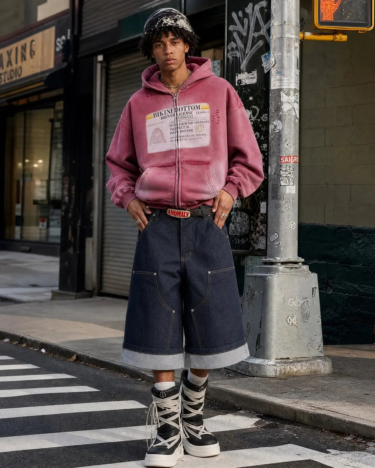 Inflation Streetwear graphic ripped washed zip-up hoodie with distressed details and bold design, casual streetwear style.