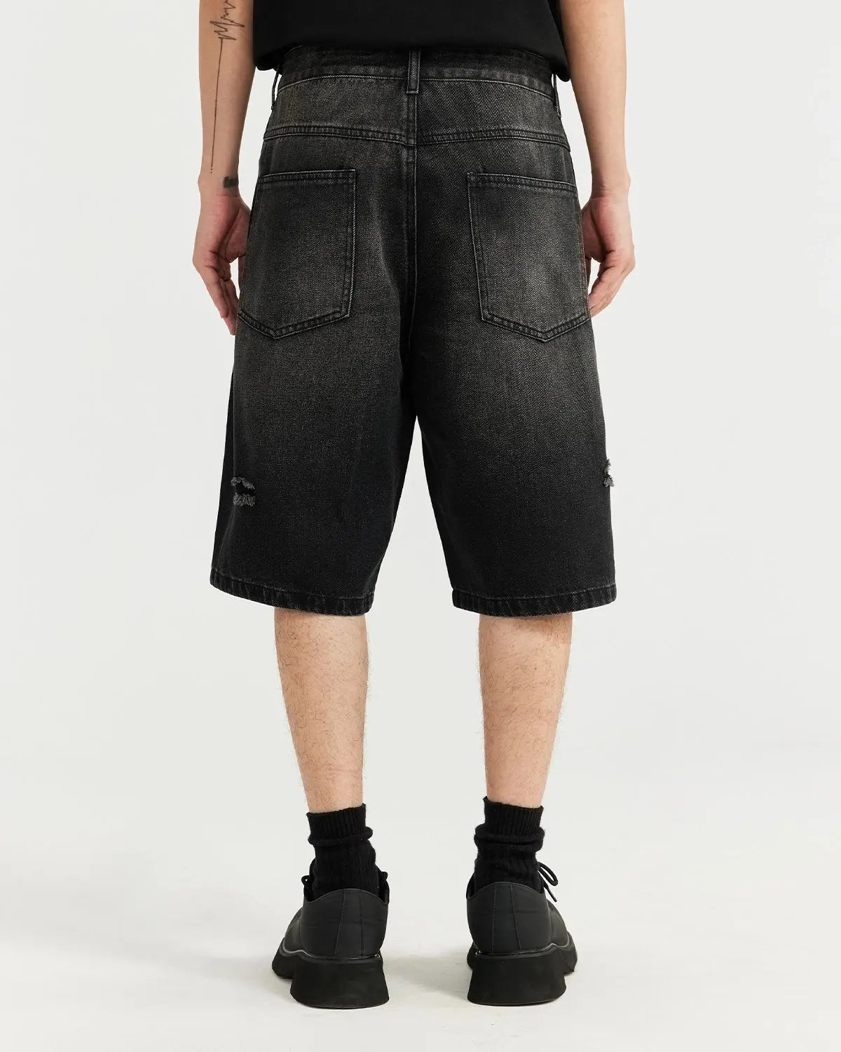 Vintage ripped washed jorts by Flation Streetwear with distressed denim and frayed hems, casual and trendy for street style.
