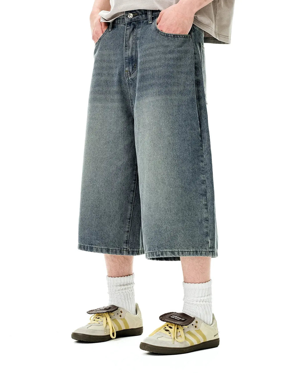 Washed baggy longline jorts by Flation Streetwear, loose fit denim pants with distressed wash and relaxed style.
