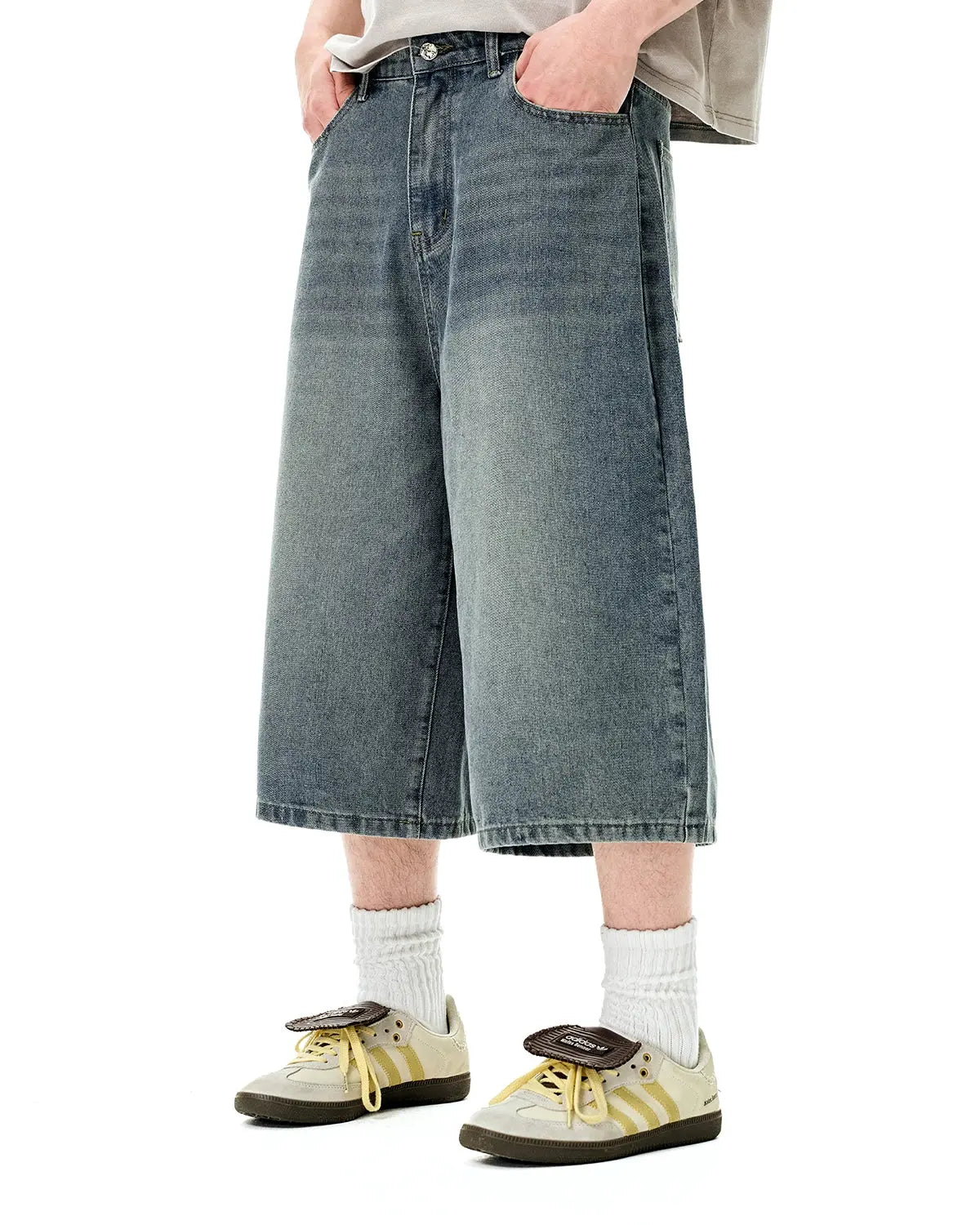 Washed baggy longline jorts by Flation Streetwear, loose fit denim pants with distressed wash and relaxed style.