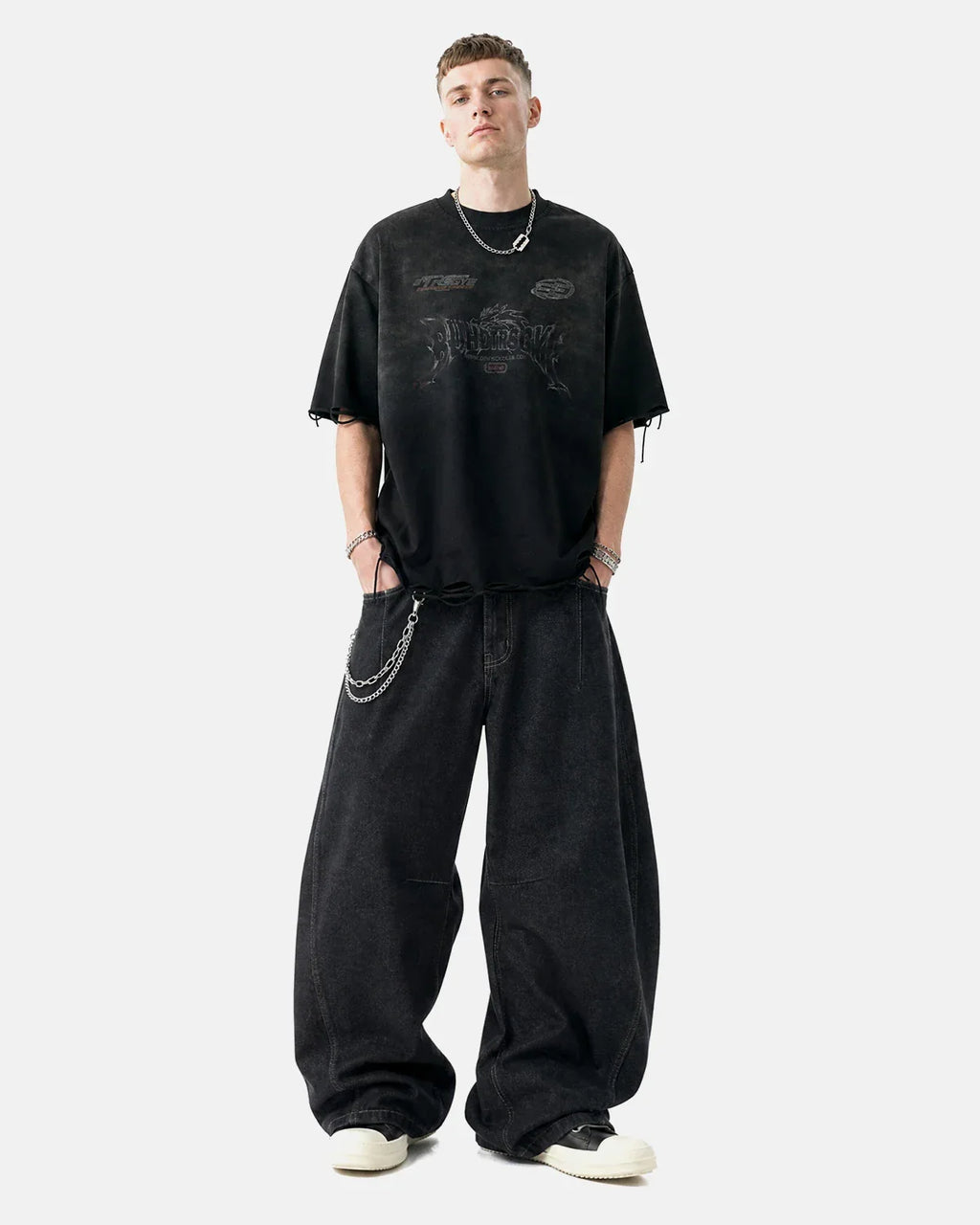 INFLATION Monkey Washed Distressed T-Shirt with graphic design, casual streetwear style, worn-in distressed fabric, front view.